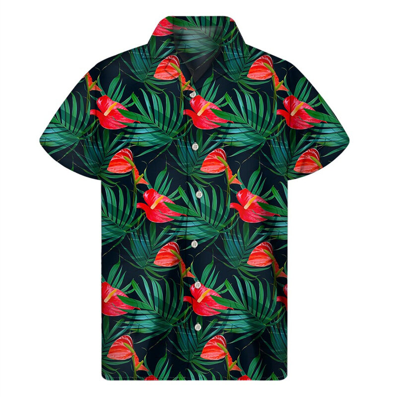 Гавайская рубашка с тропическими растениями, мужские рубашки с 3D рисунком цветов, летние футболки с коротким рукавом, уличные топы, блузка с лацканами Aloha