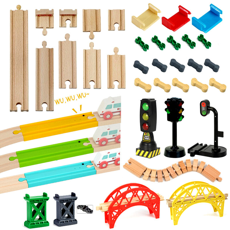 Drewniane zabawki kolejowe bukowe drewniane tory akcesoria nadające się na wszystkie marki drewniane tory edukacyjne dla dzieci