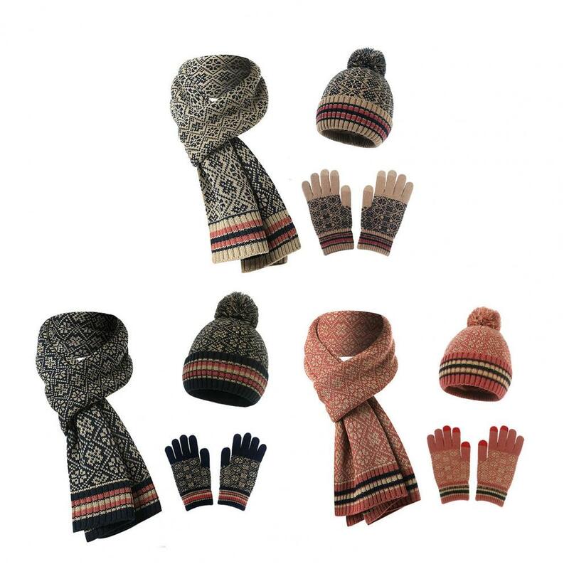 Gorro de lã forrado feminino, cachecol longo, conjunto de luvas touchscreen, chapéu jacquard de malha quente com bola de pelúcia, inverno