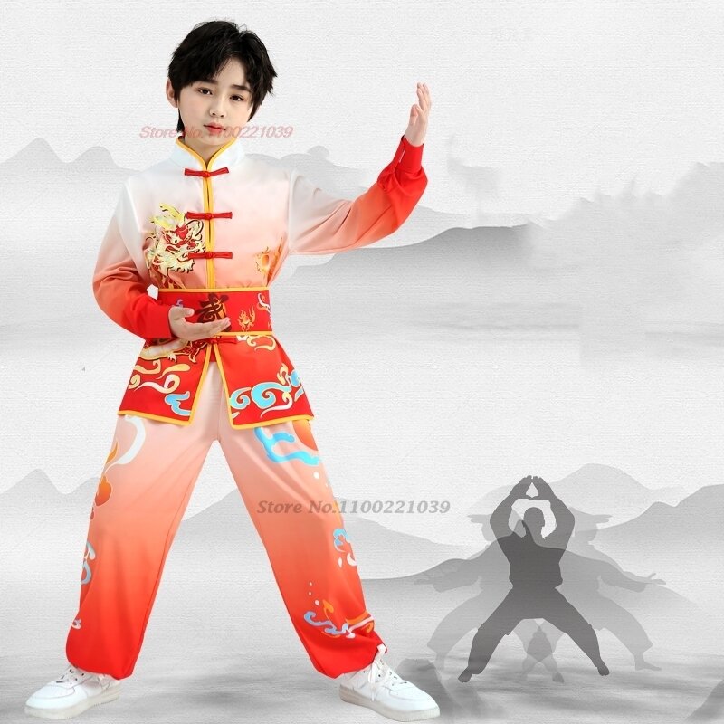 2024 chinese children wushu shaolin kung fu clothing martial arts uniform dragon print sports training exercise practice set
