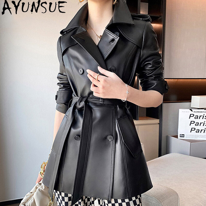 Yunsue-abrigo de piel de oveja para mujer, gabardina con cinturón de doble botonadura, cierre de cintura, longitud media, chaqueta de cuero genuino, moda de invierno