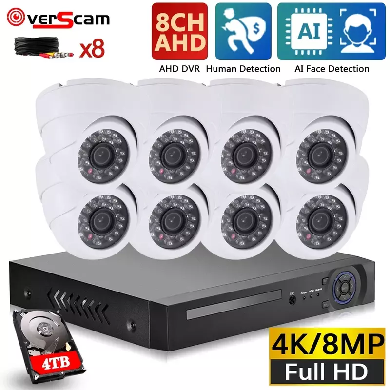 4K CCTV AHD 카메라 보안 시스템 키트, 8CH DVR 세트, 야외 거리 8MP BNC 총알 카메라 비디오 감시 키트, XMEYE 4CH