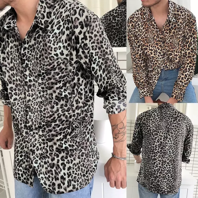 Camisa con estampado de leopardo para hombre, camisa de manga larga de alta calidad, informal, para fiesta Social