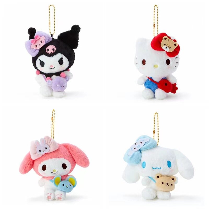 Llaveros de dibujos animados Kawaii My Melody Kuromi Cinnamoroll Kt Cat Purin Dog, juguete de felpa, animales de peluche de Anime, colgante pequeño, 12cm