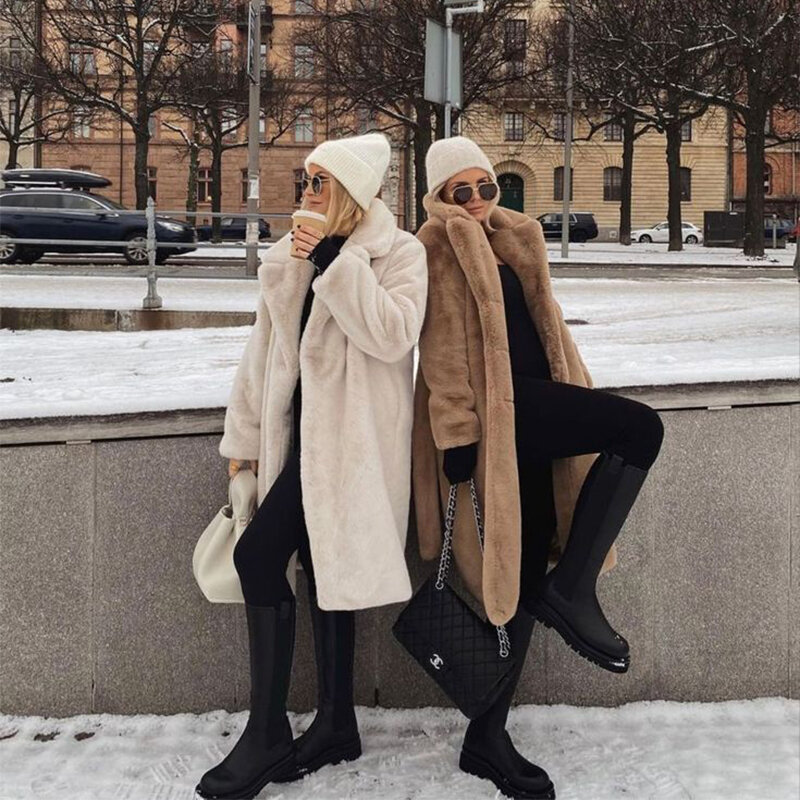 2023 Winter Frauen übergroße Revers Gürtel Faux Kaninchen Pelzmantel Luxusmarke lange Mäntel Jacke weibliche dicke warme Oberbekleidung
