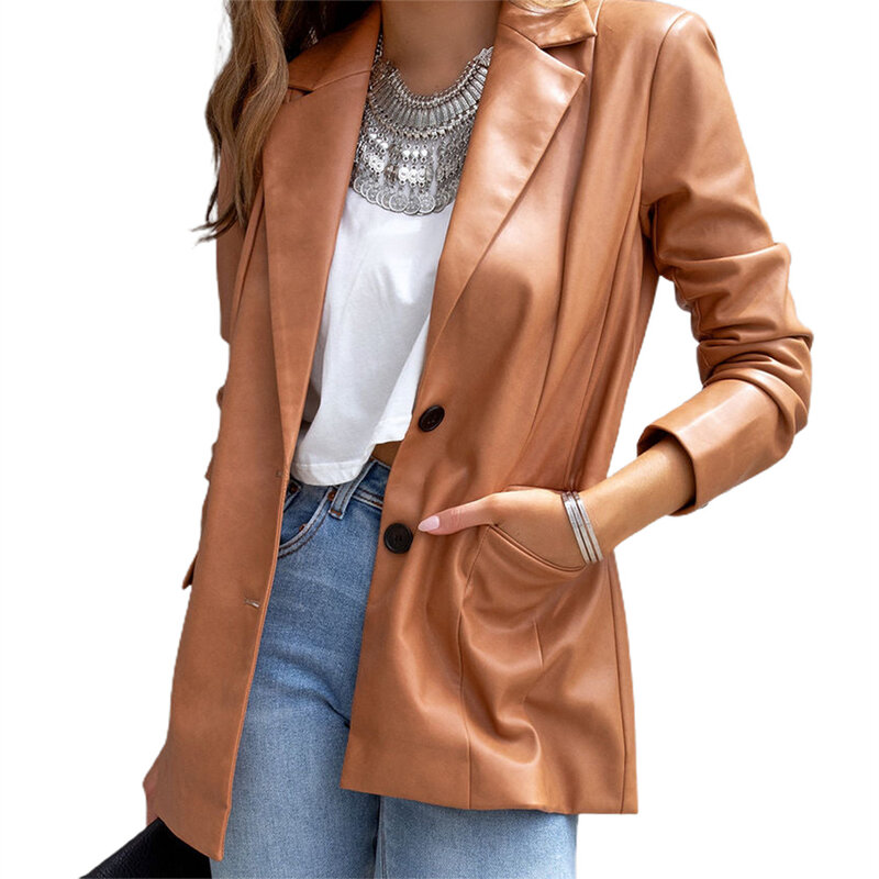 Womens Faux Leather Jacket Fashion Long Sleeve Slim Blazer Button Down Coat Autumn Casual Solid Outwear with Pockets Streetwear