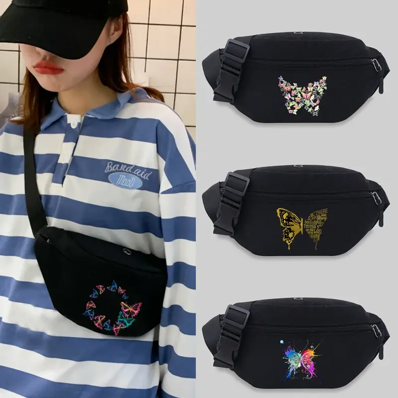 나비 패턴 인쇄 시리즈 경량 스포츠 가슴 가방, 남녀 공용 허리 팩, 야생 조절 스트랩 패니 팩