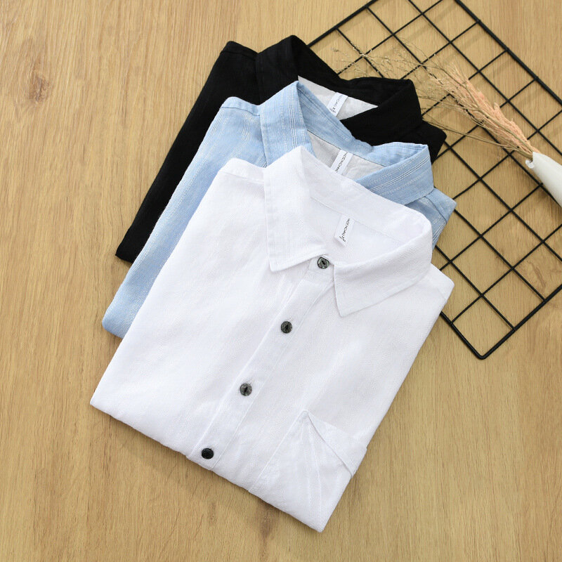 Summer Breathable Short Sleeve Men's Shirts Daily Casual 45%cotton 55% Ramie Shirts Lapel Pocket Jacquard Striped Pullover Shirt