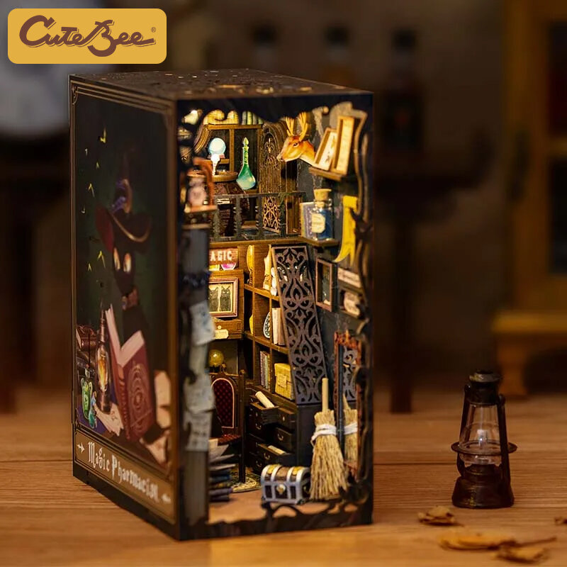 CUTEBEE DIY Mainan Bangunan Model Lampu Sentuh Bookhook Rumah Boneka Rumah Miniatur Sudut Buku untuk Hadiah Dekorasi Apoteker Ajaib