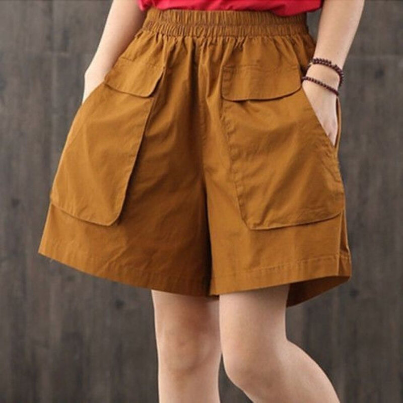 Moda tasche impiombate elastiche Cargo pantaloncini Casual abbigliamento donna 2024 estate nuovi pantaloncini larghi coreani a vita alta in tinta unita