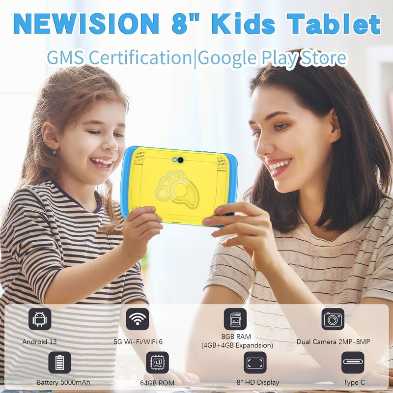 PRITOM 어린이 태블릿, 안드로이드 13 OS, 8GB RAM(4 + 4 확장) 및 64GB ROM,1280*800 IPS, 5000mAh 배터리, 자녀 보호, 8 인치