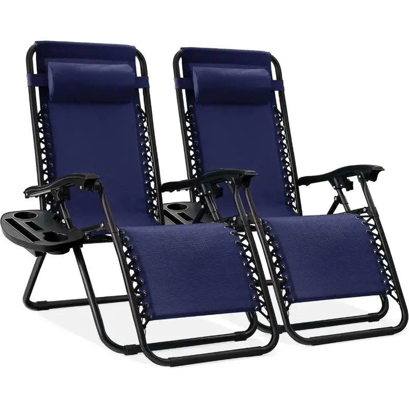 كرسي صالة قابل للتعديل ، مجموعة كرسي الشاطئ ، الوسائد وصحن حامل الأكواب ، مجموعة من 2