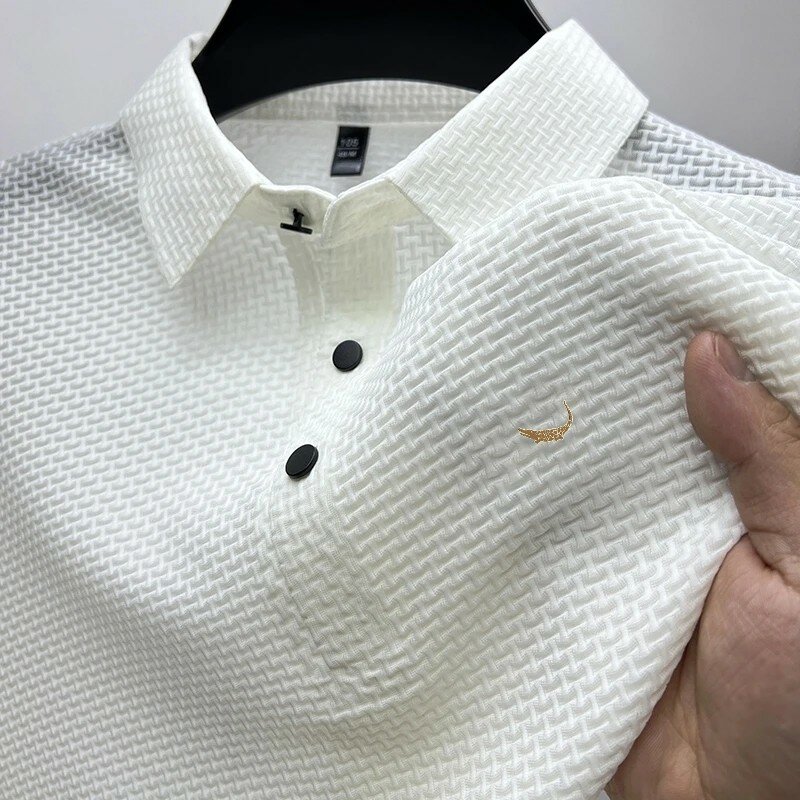 Letnia nowa męska koszulka z krótkim rękawem fajna i oddychająca koszulka POLO biznesowa bluza pochłaniająca pot
