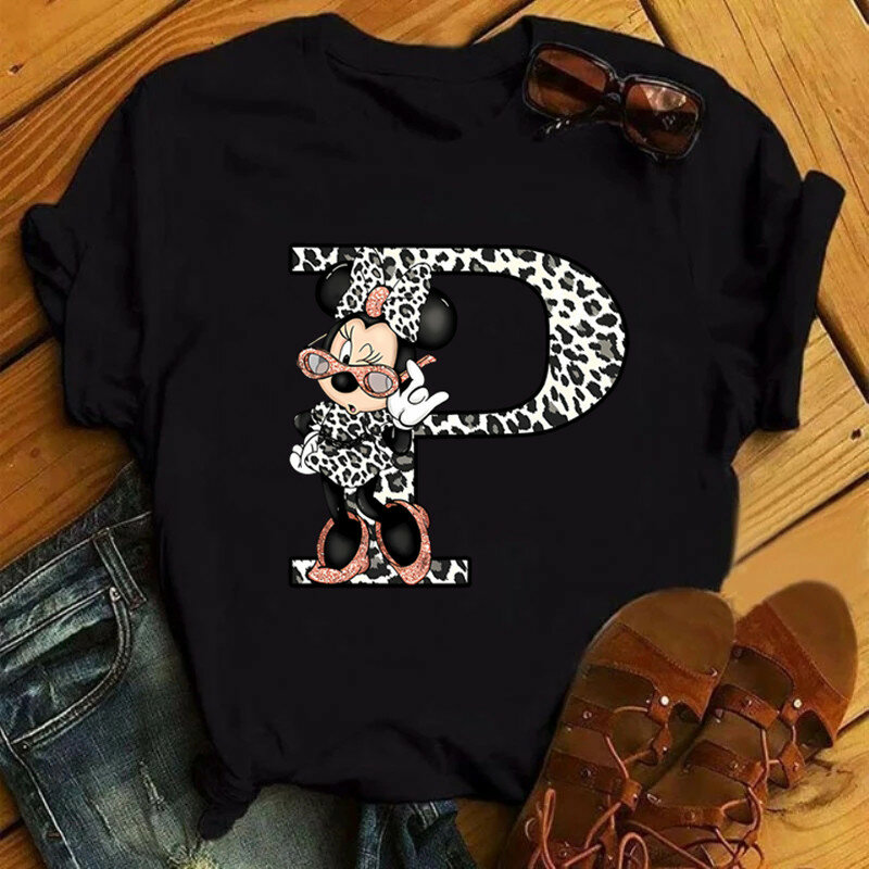 Disney Leopard Minnie Maus A-Z 26 Englisch Buchstaben Frauen T-shirt Kurzarm Balck Tops T Kleidung für Frau