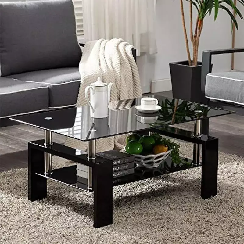 Comft Rectangle Side Glass Coffee Table, 2Tier Center Table Modern Black Side Coffee TableReception Room Office with Lower Shelf