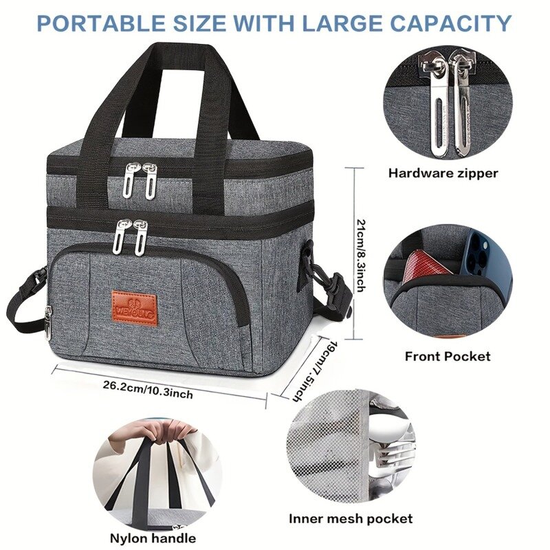 Многофункциональная двухслойная сумка-холодильник для ланча для женщин и мужчин, вместительный дорожный Ланч-бокс для пикника с плечевым ремнем