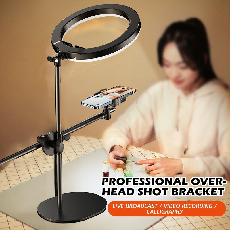 Monopod Mount Bracket with LED Ring Flash Light Lamp Tabletop Stand Tripods with Mobile Phone Holder Overhead Shot for Nail Art