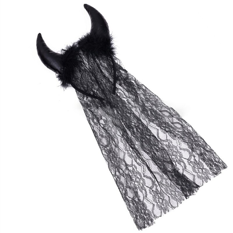 Страшная кружевная повязка на голову с рогом и вуалью, аксессуары для косплея, головной убор с рогом