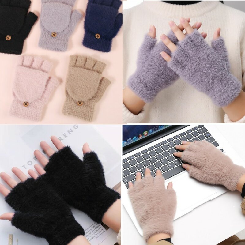 Novas luvas de vison imitação para homens e mulheres outono inverno ao ar livre escritório estudante escrita toque pelúcia quente metade dedo mittens