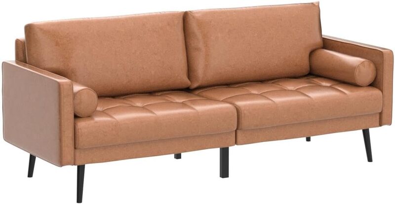 Divano divano in ecopelle Vonanda, divano in pelle a 3 posti da 73 pollici di metà secolo con cuscino Comfort cucito a mano e cuscino