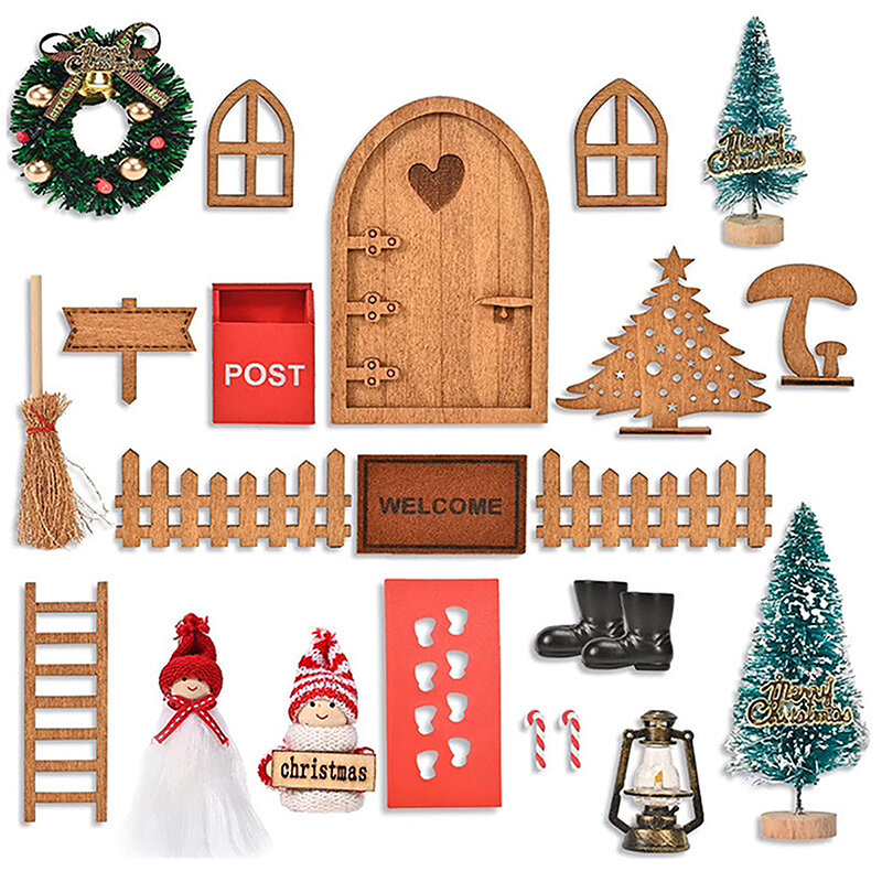 Mini Doll House Elf Door Christmas Decor Simulation Light String Hat Wreath Tree Gift Boxes Fairy Toyhouse Miniature Scene Model