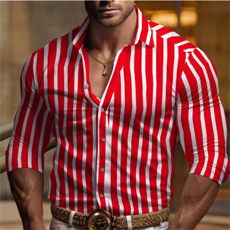 قميص رجالي مخطط منقوش بأزرار ، مريح ، خفيف الوزن ، طية صدر قابلة للتنفس ، رياضة غير رسمية ، طراز جديد ، موضة ،