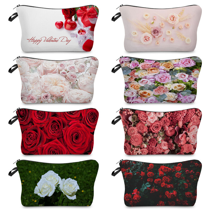 Bolsa de aseo para mujer, organizador de maquillaje diario, pequeña rosa con estampado Floral, bolsa de regalo para el Día de San Valentín, Mini bolsa de cosméticos de viaje para playa