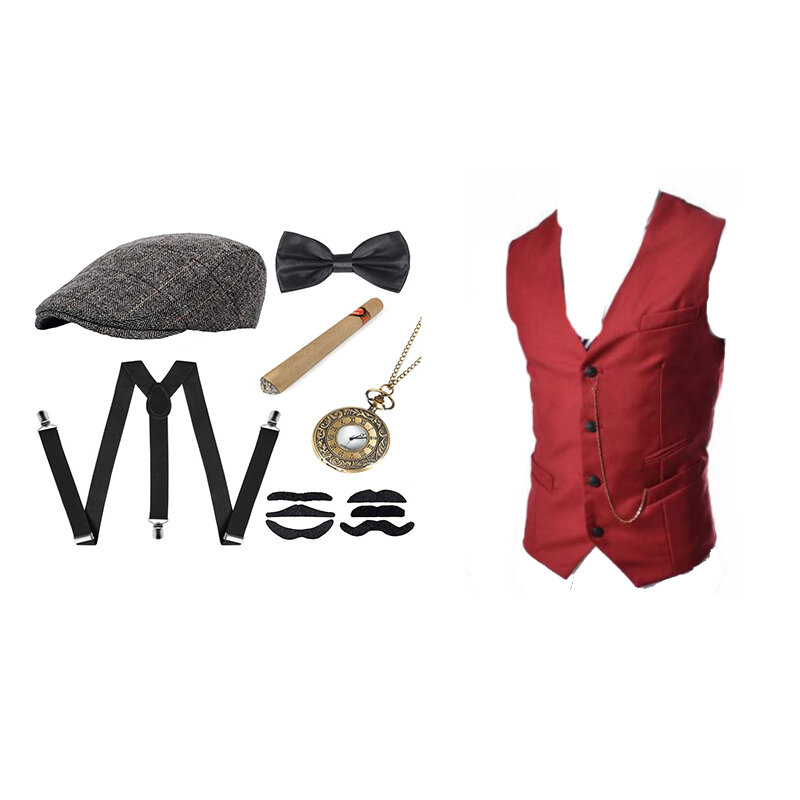 Fato e acessórios gangster masculino, roupa Steampunk, colete, relógio de bolso, Cosplay Gatsby, década de 1920