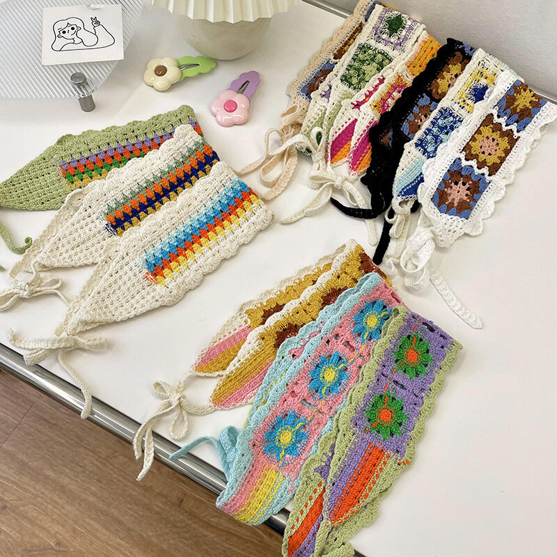 Bandanas de tricô vintage Crochet para mulheres, cachecol boêmio flor cabelo, headwrap férias, bandanas triângulo, acessórios turbante
