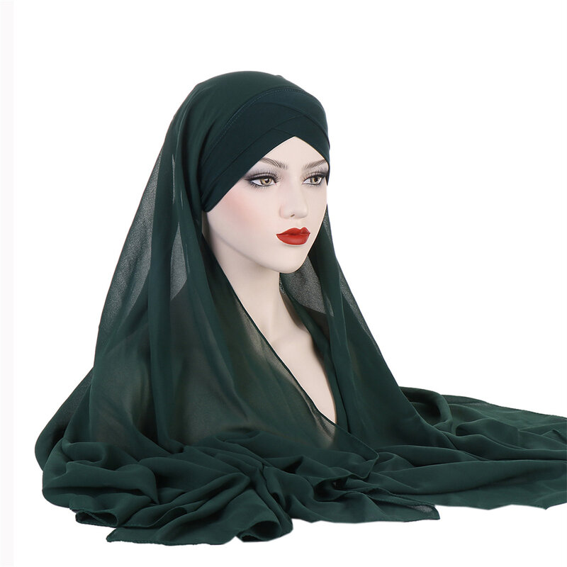 Voorhoofd Kruis Hoed Met Chiffon Sjaal Instant Hijab Onderdoek Muts Muts Moslim Vrouwen Lange Sjaal Wikkel Sluier Amira Hoofddoek 1Pc
