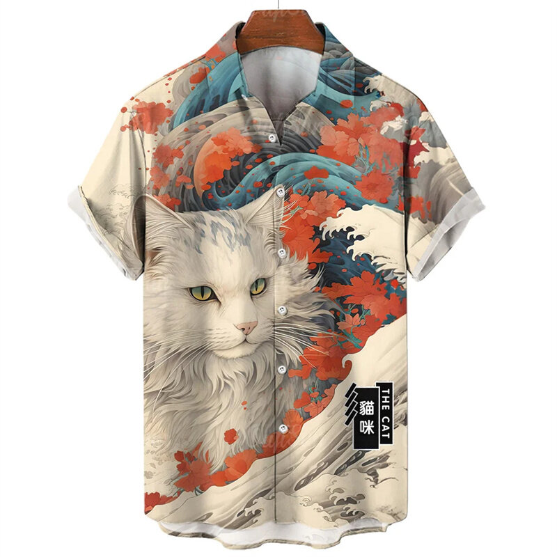Fashion kemeja Hawaii pria, atasan blus pakaian jalanan lengan pendek bercetak kucing hewan 3d musim panas pantai kerah bunga