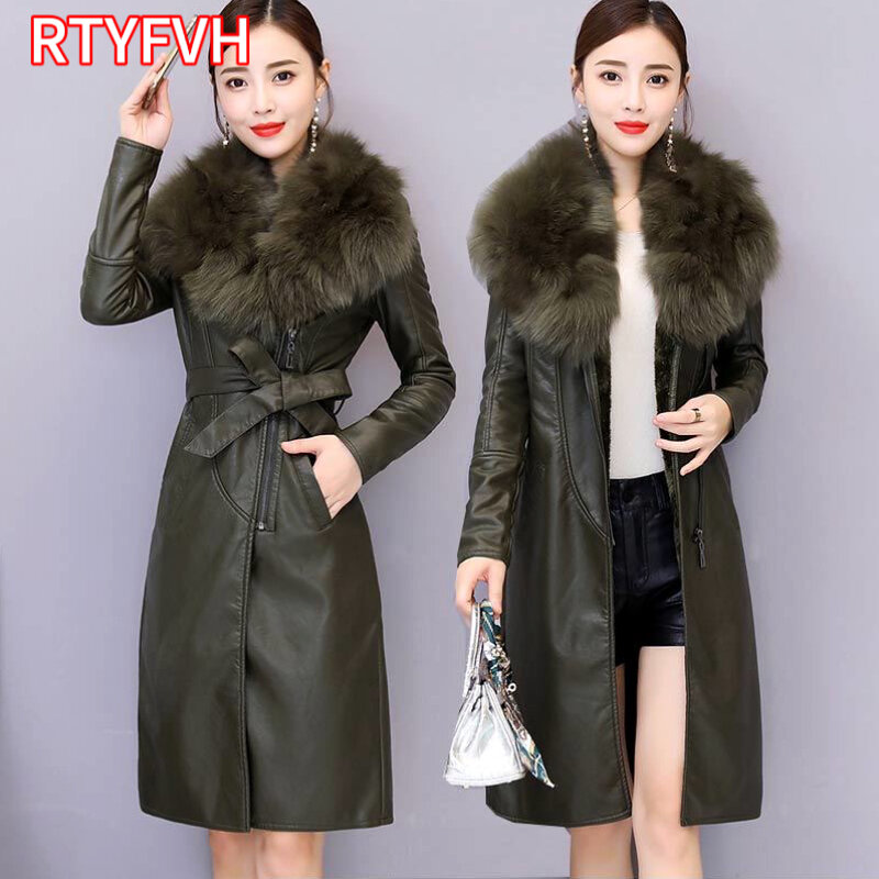 女性用の大きな毛皮の襟とベルト付きの革のジャケット,冬用の長いコート,ベルベットの裏地付き,スリムで暖かい,新しい2022, M-4XL