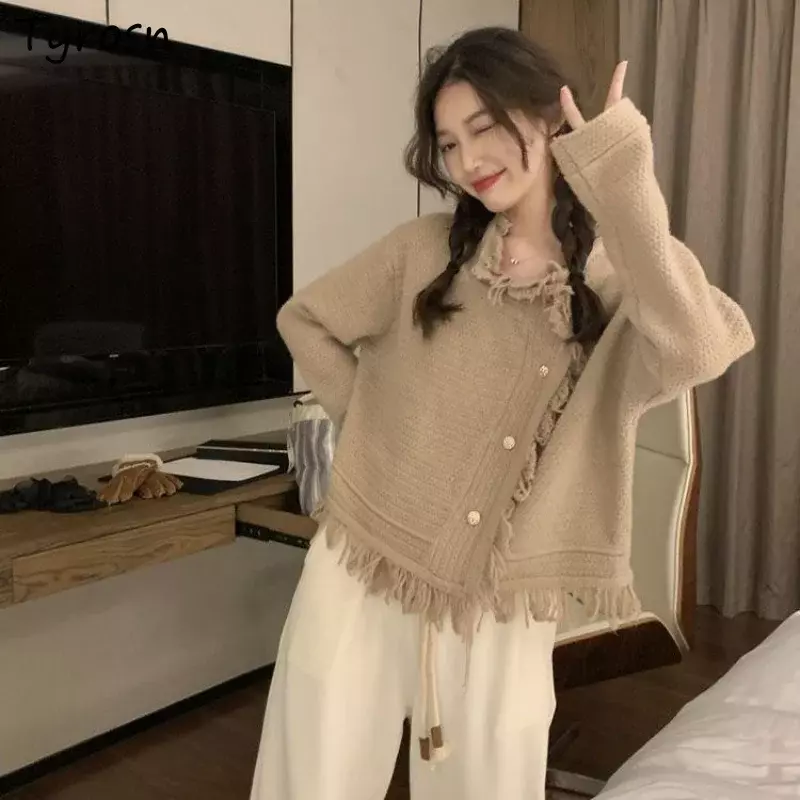 Sweter damski jesienny luźna moda na drutach codzienny frędzel prosty przytulny słodki elegancki, delikatny koreański styl z okrągłym dekoltem damskie pasujące