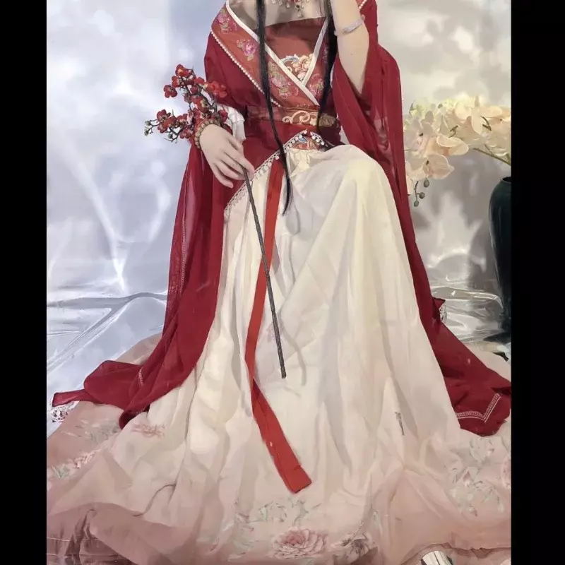 Vestido retrô estilo chinês hanfu para mulheres, cosplay vermelho, estampa tradicional, saia longa, festa elegante, meninas, conjunto de 5 peças