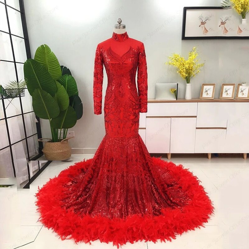Vermelho vestidos de baile para africano americano manga cheia encantador sereia vestidos de noite com lantejoulas alta pescoço vestido noche novo