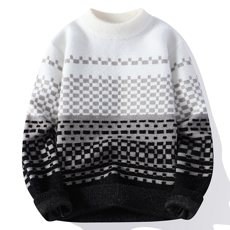 Sweater gaya baru, Sweater hangat kotak-kotak pria kasual longgar nyaman musim gugur/dingin 2023