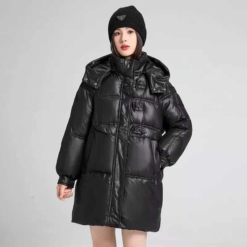 女性用防水ホーンボタンロングジャケット、取り外し可能なパーカー、厚手のコート、暖かいアウター、カジュアルなルーズファッション、新しい冬、2024