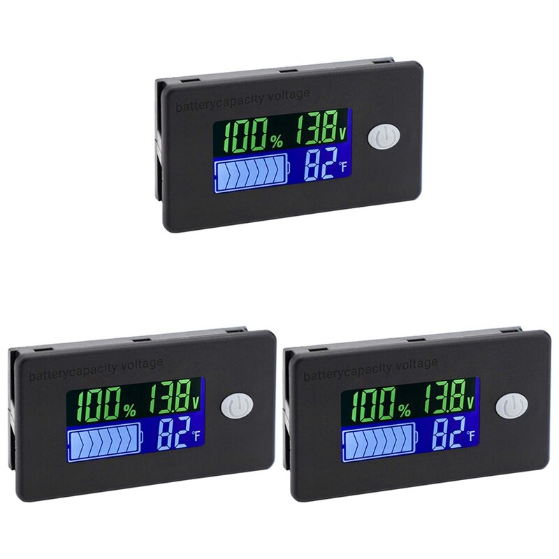 Monitor kapasitas baterai 3X, meteran baterai 10-100V, meteran indikator suhu persentase tegangan Fahrenheit 12V 24V 48V