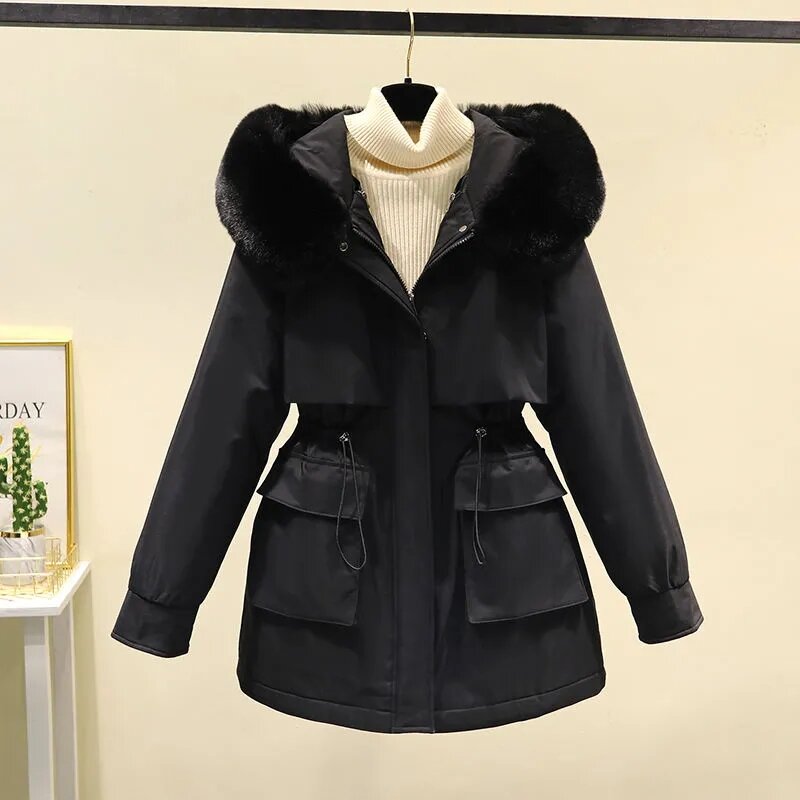 Winter Detachable Inner Cotton Windbreaker Hooded Women's Mid Long Down Cotton Jacket Trench Coat Jacket Large Fur Collar Thick