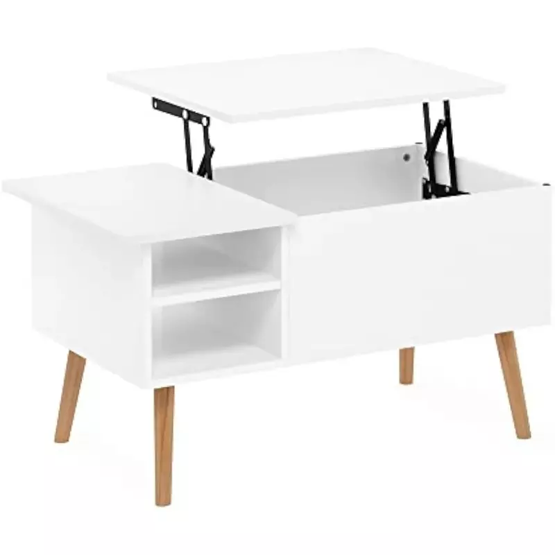 Coffee table with wooden leg lift, pure white, with hidden compartment and side-opening living room storage shelves