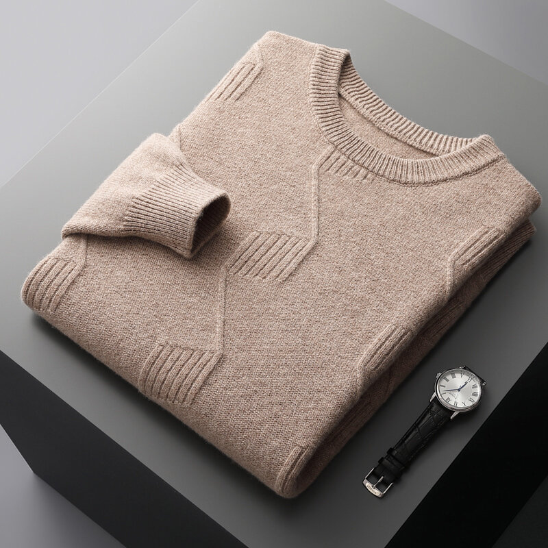 100% Merino wool men's round neck double thick warm twisted long sleeve pullover fashion loose business casual sweater
