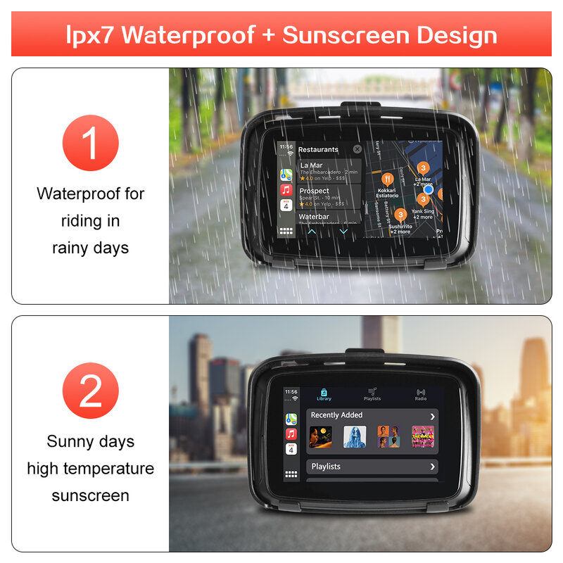 로드 탑 방수 야외 IPSX7 무선 안드로이드 자동 애플 카플레이 화면, 오토바이 네비게이션 스테레오 블루투스 모니터