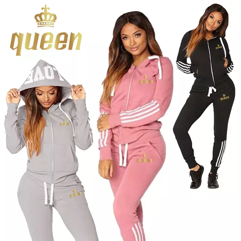 Dames Trainingspak Queen Print Met Rits En Capuchon En Joggingbroek 2 Stuks Set Mode Casual Sport Streetwear Dames Outfits