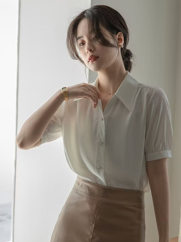 Camicie da donna moda estiva stile pendolarismo coreano mezza manica temperamento tinta unita allenamento avanzato Cool All-match semplice