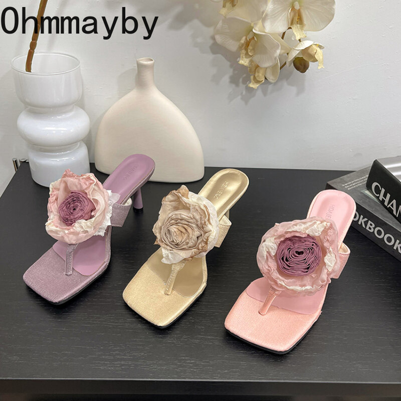 Zapatillas con punta De Clip para Mujer, Sandalias De tacón alto con flores a la moda, zapatos De verano