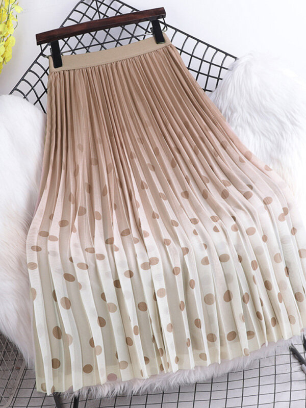 Gradient Color Polka Dot Mesh Skirt Spring Summer New Printed Pleated Mid-length Skirt For Women Elegant High Waist A-line Skirt