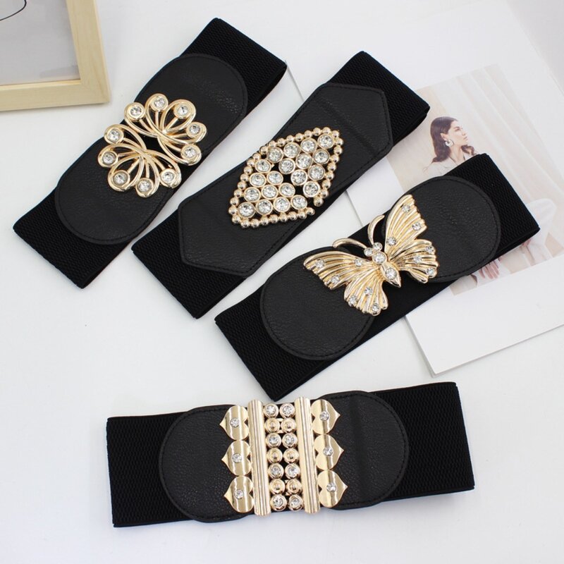 Cinturón con diamantes de imitación para mujer, hebilla de Metal negra cómoda, cinturón ancho elástico, talla grande
