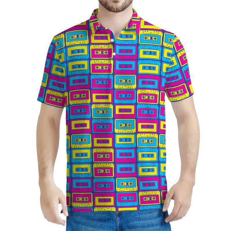 Футболка-поло мужская с 3D-принтом музыкальных композиций, оверсайз рубашка с рисунком в стиле ретро, повседневная с короткими рукавами и пуговицами, на лето