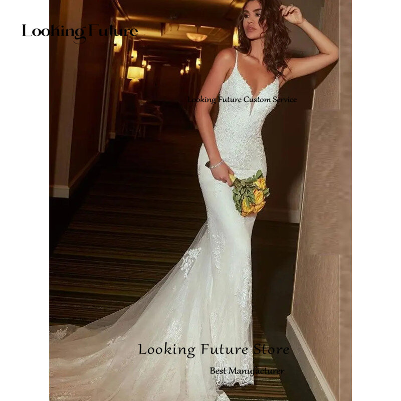 Vestido de noiva longo com costas abertas, plissado formal, cinta de espaguete, laço vintage, decote, vestido de noiva sem costas
