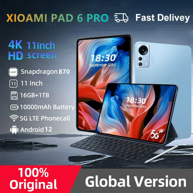 2024 NEW Original Pad 6 Pro Tablet 11 Inch 4K Android 12 16GB RAM+1T ROM Snapdragon 870 Tablet PC 5G Dual SIM Card  WIFI HD Mi